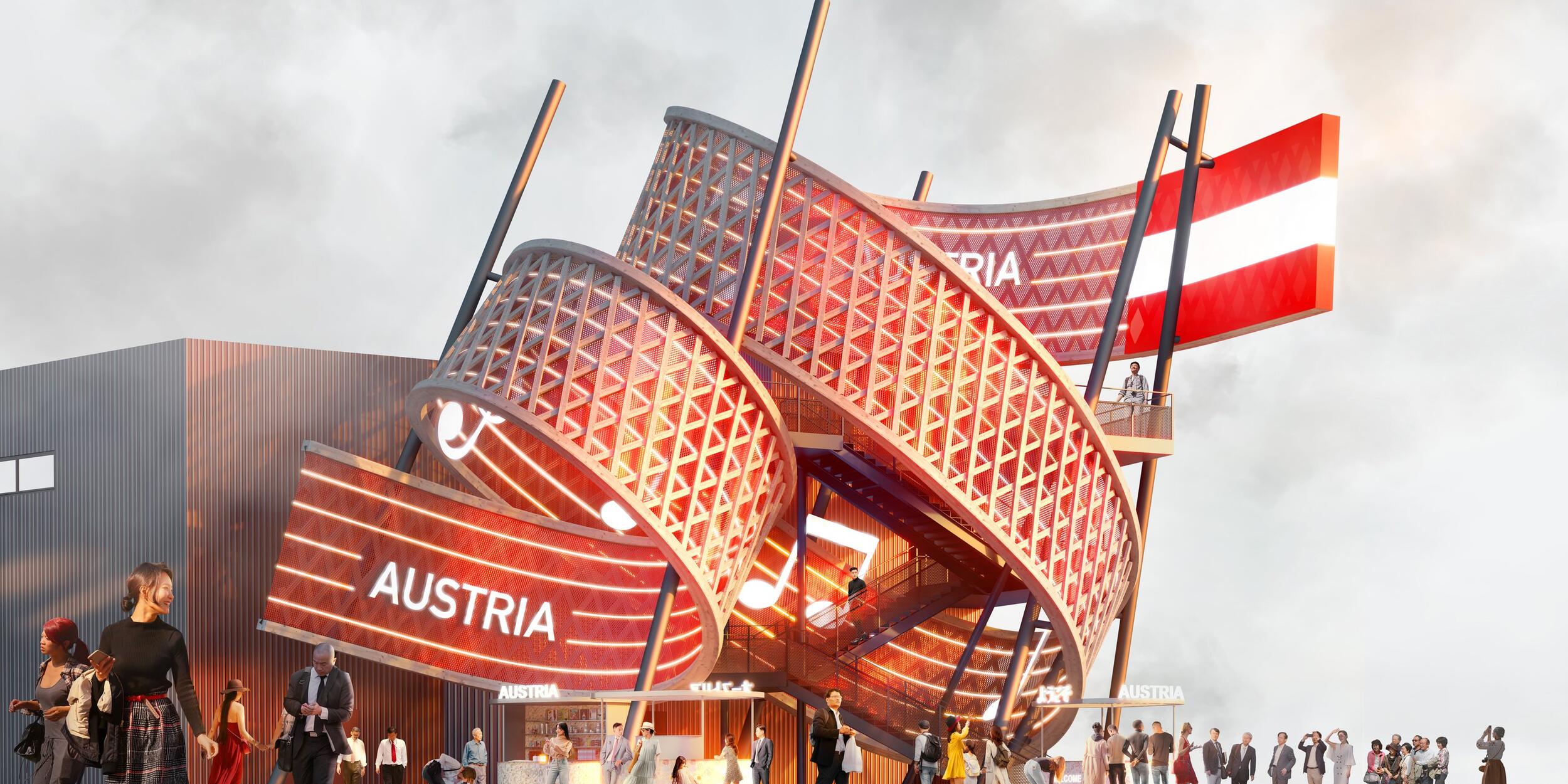 Spektakulär in die Luft ragende Holz-Spiralskulptur. Österreich Pavillon EXPO 2025 | © BWM Designers & Architects