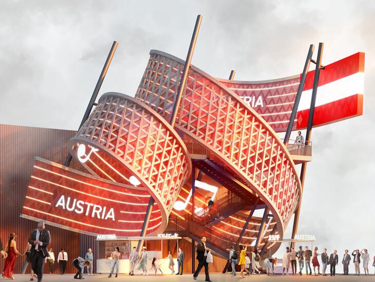 Spektakulär in die Luft ragende Holz-Spiralskulptur. Österreich Pavillon EXPO 2025 | © BWM Designers & Architects