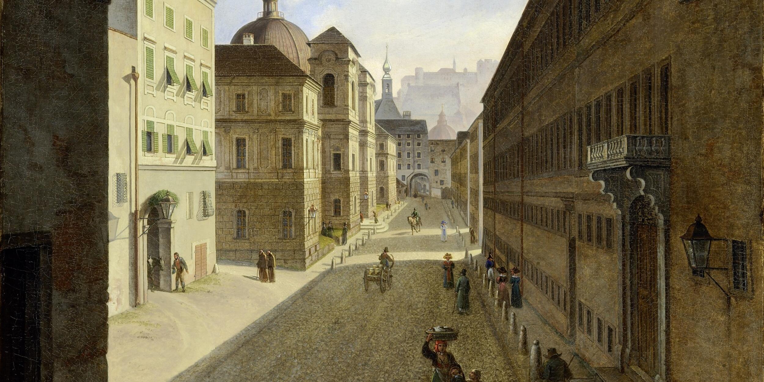 Johann Michael Sattler, Ansicht der Dreifaltigkeitsgasse [Kosmorama] 1827/28 | © Salzburg Museum